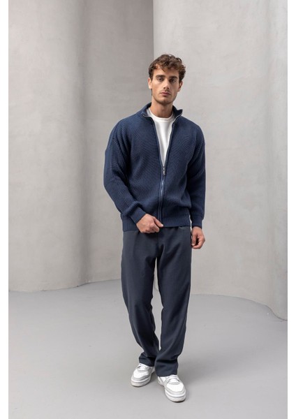 Oversize Selanik Örme Fermuarlı Erkek Hırka- Indigo indirimleri