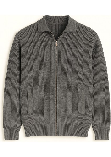 Coppola Selanik Örgü Polo Yaka Cepli Fermuarlı Rahat Kalıp Erkek Triko Hırka - Füme