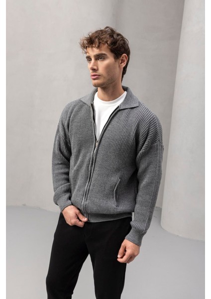 Coppola Selanik Örgü Polo Yaka Cepli Fermuarlı Rahat Kalıp Erkek Triko Hırka - Füme fiyatları