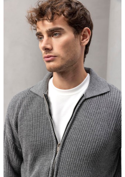 Coppola Selanik Örgü Polo Yaka Cepli Fermuarlı Rahat Kalıp Erkek Triko Hırka - Füme fırsatları