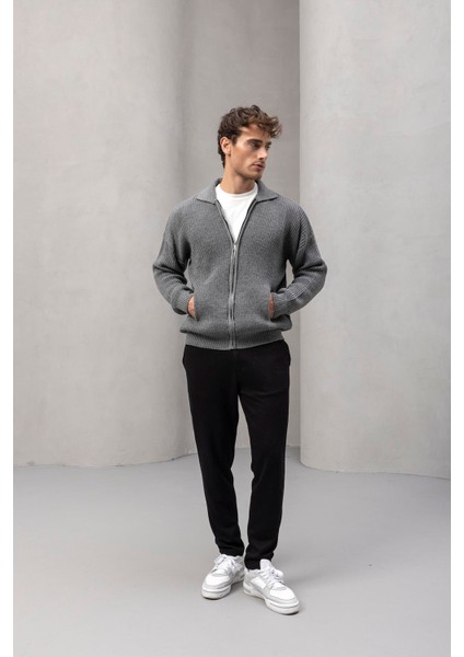 Coppola Selanik Örgü Polo Yaka Cepli Fermuarlı Rahat Kalıp Erkek Triko Hırka - Füme indirimleri