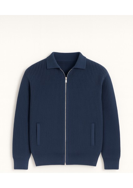 Coppola Selanik Örgü Polo Yaka Cepli Fermuarlı Rahat Kalıp Erkek Triko Hırka - Indigo