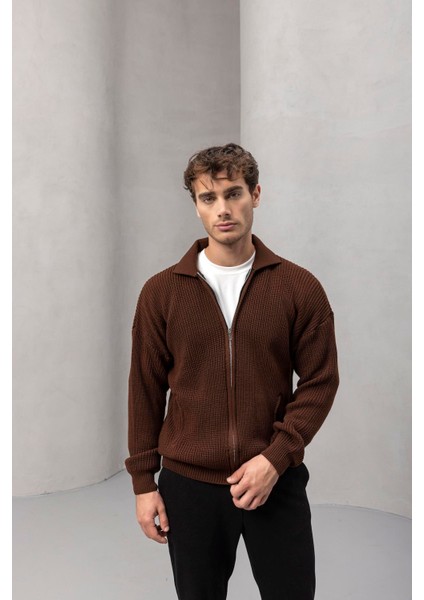 Coppola Selanik Örgü Polo Yaka Cepli Fermuarlı Rahat Kalıp Erkek Triko Hırka - Kahve fiyatları