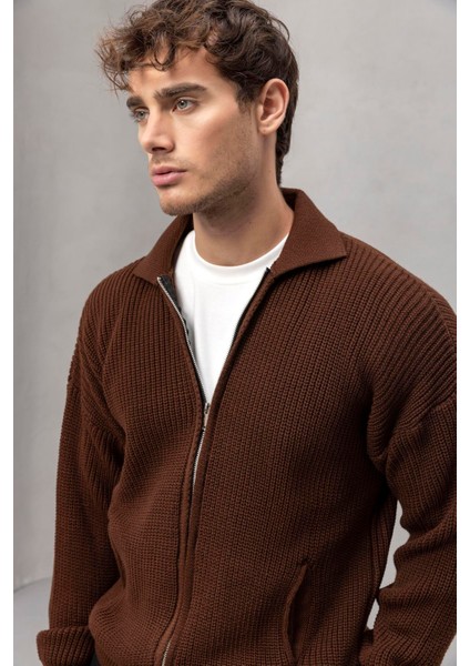 Coppola Selanik Örgü Polo Yaka Cepli Fermuarlı Rahat Kalıp Erkek Triko Hırka - Kahve modelleri
