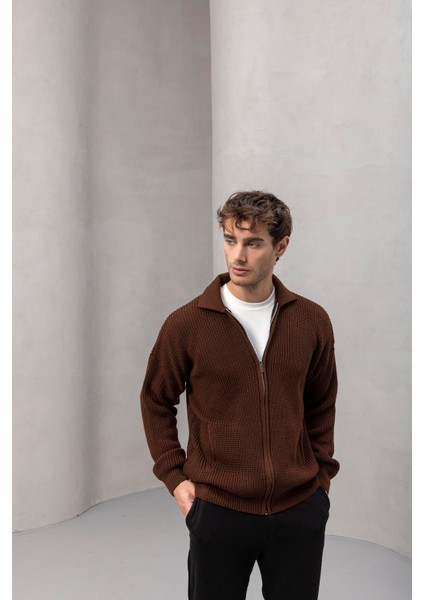 Coppola Selanik Örgü Polo Yaka Cepli Fermuarlı Rahat Kalıp Erkek Triko Hırka - Kahve fırsatları