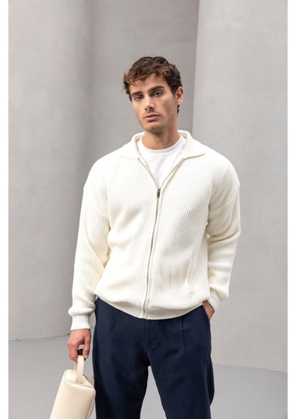 Coppola Selanik Örgü Polo Yaka Cepli Fermuarlı Rahat Kalıp Erkek Triko Hırka - Ekru fiyatları