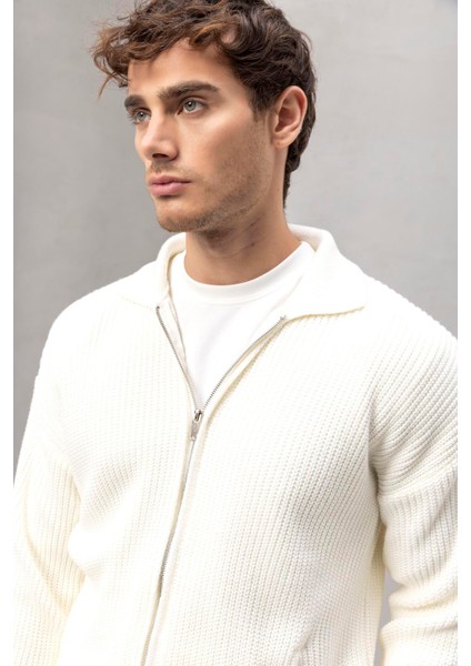 Coppola Selanik Örgü Polo Yaka Cepli Fermuarlı Rahat Kalıp Erkek Triko Hırka - Ekru modelleri