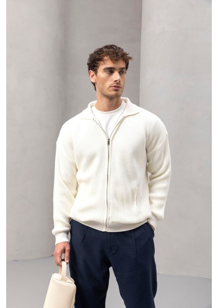 Coppola Selanik Örgü Polo Yaka Cepli Fermuarlı Rahat Kalıp Erkek Triko Hırka - Ekru fırsatları