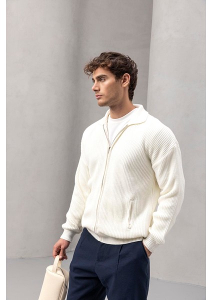 Coppola Selanik Örgü Polo Yaka Cepli Fermuarlı Rahat Kalıp Erkek Triko Hırka - Ekru indirimleri