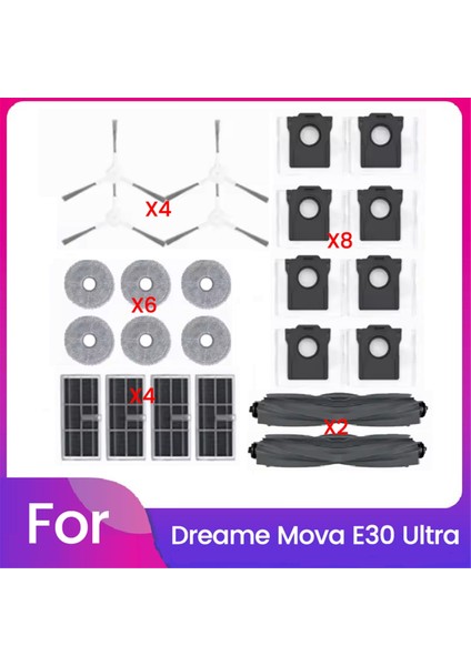 Dreame Mova E30 Ultra Vakum Yedek Parçaları Için 24 Adet Ana Silindir Yan Fırça Hepa Filtre Paspas Bezi Toz Torbası (Yurt Dışından)
