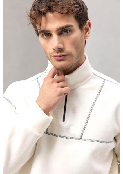 Crowe Çizgi Şeritli Oversize Yarım Fermuar Polar Erkek Sweatshirt - Ekru indirimleri