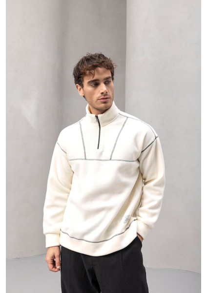 Crowe Çizgi Şeritli Oversize Yarım Fermuar Polar Erkek Sweatshirt - Ekru