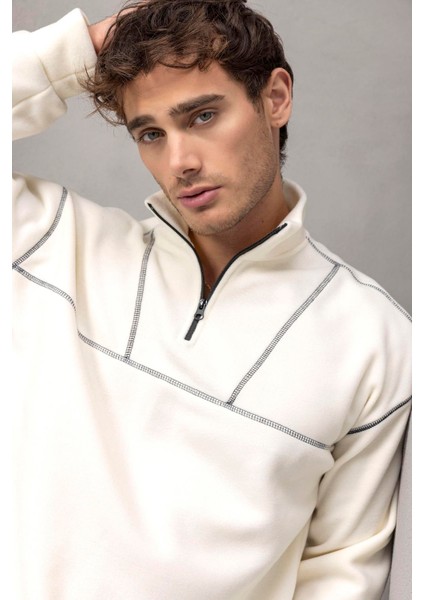 Crowe Çizgi Şeritli Oversize Yarım Fermuar Polar Erkek Sweatshirt - Ekru