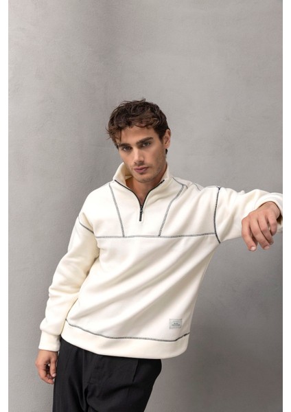 Crowe Çizgi Şeritli Oversize Yarım Fermuar Polar Erkek Sweatshirt - Ekru