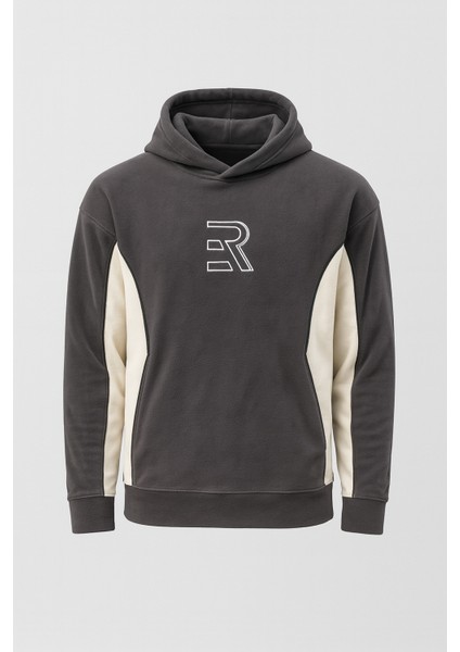 Frank Parçalı Kontrast Desenli Kapüşonlu Oversize Cepli Polar Erkek Sweatshirt - Füme fırsatları