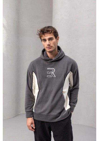 Frank Parçalı Kontrast Desenli Kapüşonlu Oversize Cepli Polar Erkek Sweatshirt - Füme indirimleri