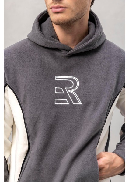 Frank Parçalı Kontrast Desenli Kapüşonlu Oversize Cepli Polar Erkek Sweatshirt - Füme