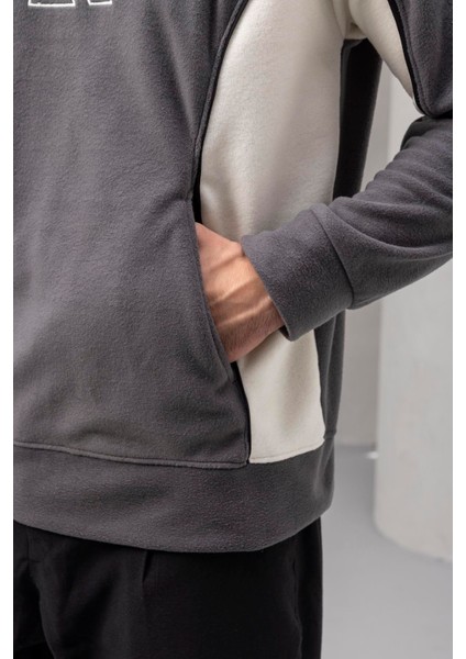 Frank Parçalı Kontrast Desenli Kapüşonlu Oversize Cepli Polar Erkek Sweatshirt - Füme