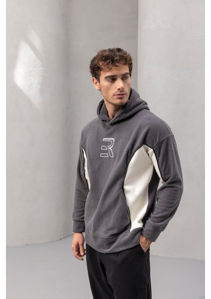 Frank Parçalı Kontrast Desenli Kapüşonlu Oversize Cepli Polar Erkek Sweatshirt - Füme