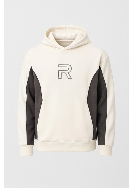 Frank Parçalı Kontrast Desenli Kapüşonlu Oversize Cepli Polar Erkek Sweatshirt - Ekru indirimleri