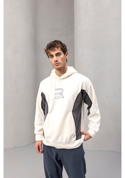 Frank Parçalı Kontrast Desenli Kapüşonlu Oversize Cepli Polar Erkek Sweatshirt - Ekru