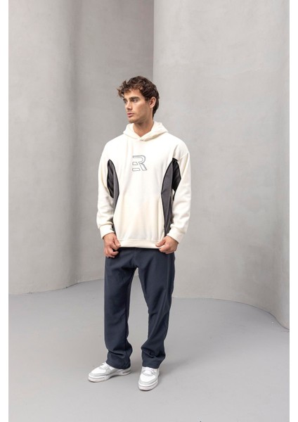 Frank Parçalı Kontrast Desenli Kapüşonlu Oversize Cepli Polar Erkek Sweatshirt - Ekru