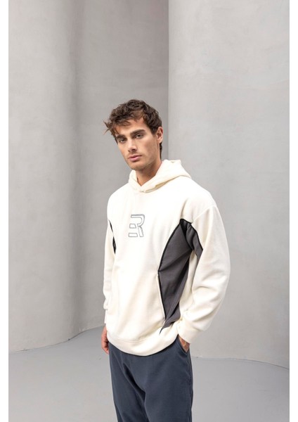 Frank Parçalı Kontrast Desenli Kapüşonlu Oversize Cepli Polar Erkek Sweatshirt - Ekru
