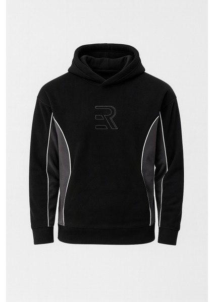 Frank Parçalı Kontrast Desenli Kapüşonlu Oversize Cepli Polar Erkek Sweatshirt - Siyah indirimleri