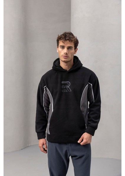Frank Parçalı Kontrast Desenli Kapüşonlu Oversize Cepli Polar Erkek Sweatshirt - Siyah