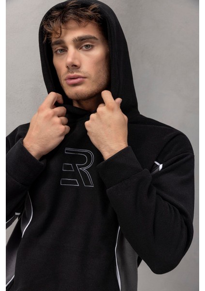 Frank Parçalı Kontrast Desenli Kapüşonlu Oversize Cepli Polar Erkek Sweatshirt - Siyah