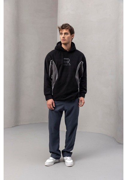Frank Parçalı Kontrast Desenli Kapüşonlu Oversize Cepli Polar Erkek Sweatshirt - Siyah