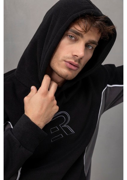 Frank Parçalı Kontrast Desenli Kapüşonlu Oversize Cepli Polar Erkek Sweatshirt - Siyah