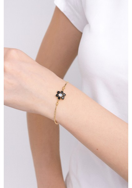 Altın Kaplama Siyah Zirkon Çiçek Figürlü Asansörlü Bileklik