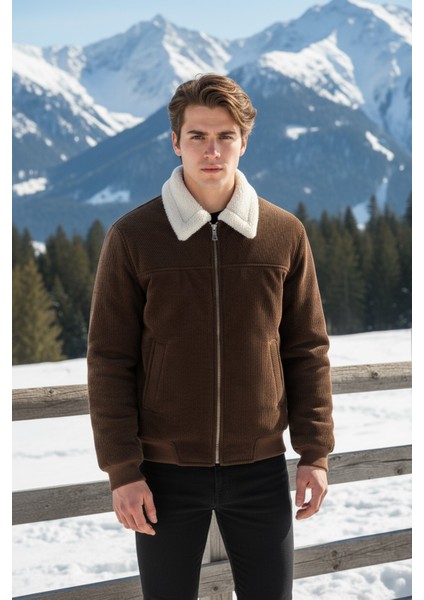 Erkek Klasik Yaka Fermuarlı Taba Kadife Ceket