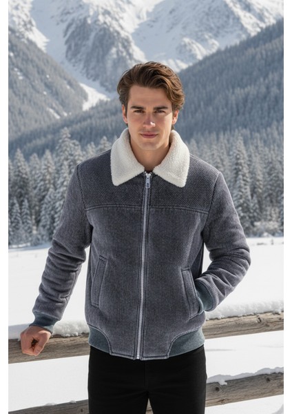 Erkek Klasik Yaka Fermuarlı Gri Kadife Ceket