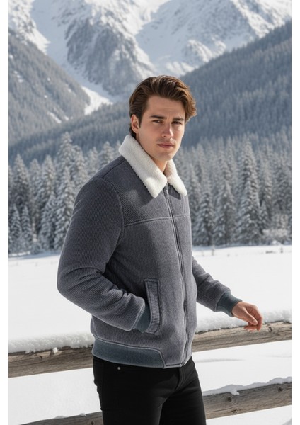 Erkek Klasik Yaka Fermuarlı Gri Kadife Ceket fiyatları