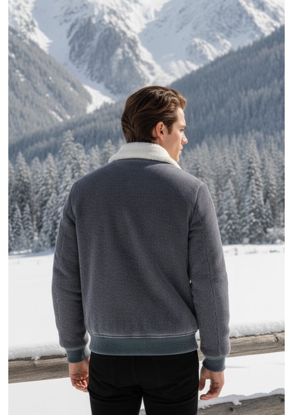 Erkek Klasik Yaka Fermuarlı Gri Kadife Ceket modelleri