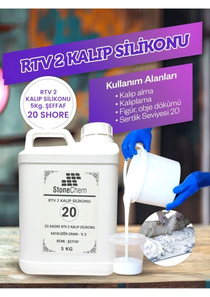 Yüksek Kalite 1. Sınıf Rtv 2 Kalıp Silikonu 5 kg Yarı Şeffaf 20 Shore