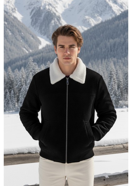 Erkek Klasik Yaka Fermuarlı Siyah Kadife Ceket