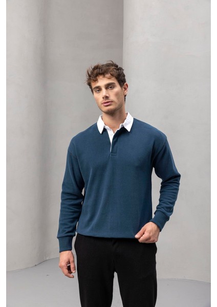 Polo Yaka Selanik Örme Kumaş Erkek Sweatshirt - Indigo