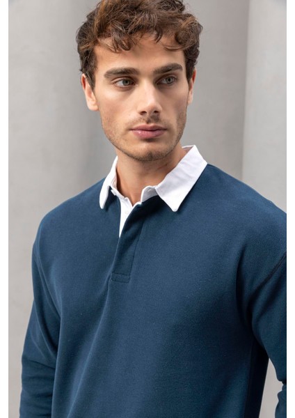 Polo Yaka Selanik Örme Kumaş Erkek Sweatshirt - Indigo fiyatları