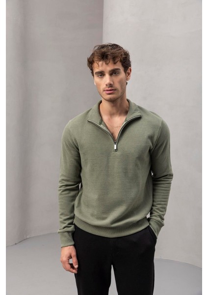 Selanik Örme Kumaş Yarım Fermuar Erkek Sweatshirt - Haki