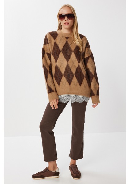 Baklava Desenli Oversize Triko Kazak LMT0043 Camel Kahverengi