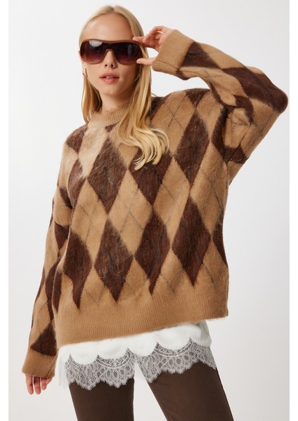 Baklava Desenli Oversize Triko Kazak LMT0043 Camel Kahverengi fiyatları