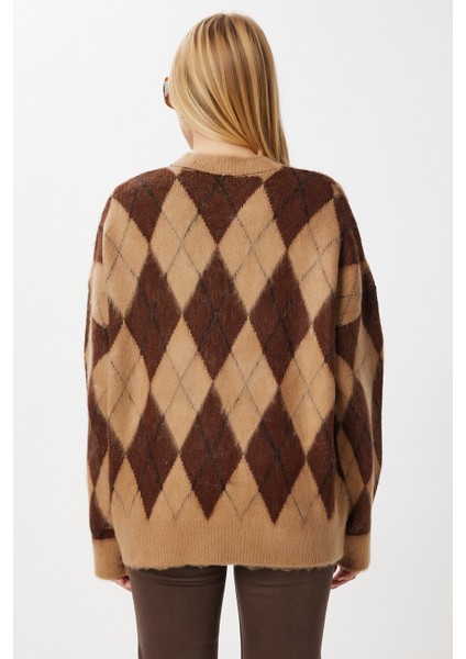 Baklava Desenli Oversize Triko Kazak LMT0043 Camel Kahverengi indirimleri