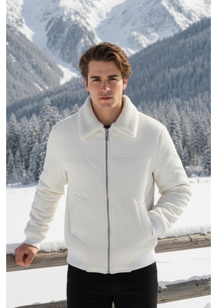 Erkek Klasik Yaka Fermuarlı Beyaz Kadife Ceket