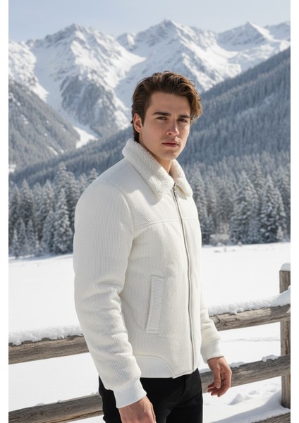 Erkek Klasik Yaka Fermuarlı Beyaz Kadife Ceket fiyatları