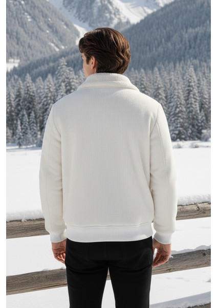 Erkek Klasik Yaka Fermuarlı Beyaz Kadife Ceket modelleri