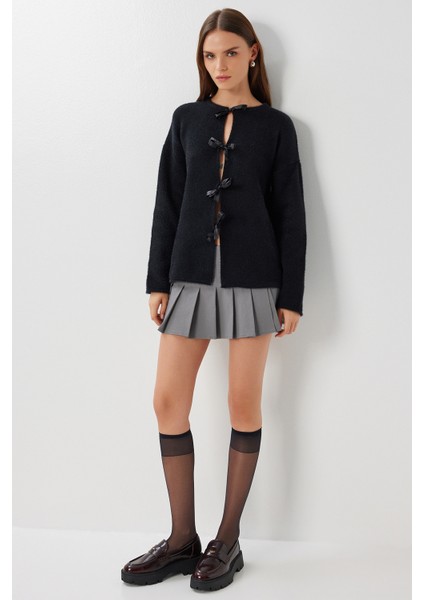 Yün Karışımlı Fiyonklu Hırka LİY0008 Siyah