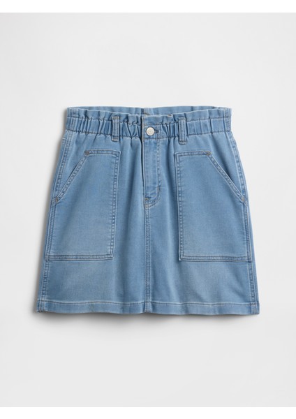 Kız Çocuk Mavi Paperbag Sweatpant Jean Utility Etek